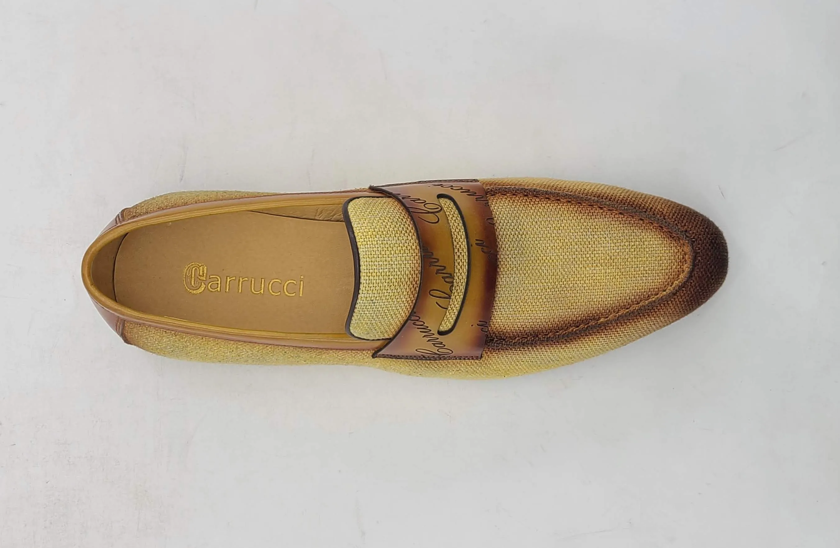 Mocassin à enfiler en toile tissée et veau jaune/marron