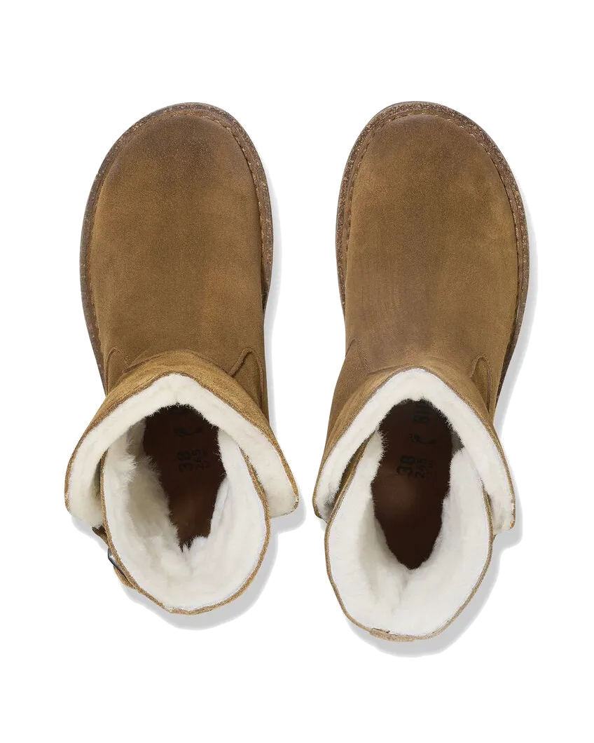 Bottes Birkenstock Uppsala en daim et cuir avec doublure en shearling, couleur thé foncé