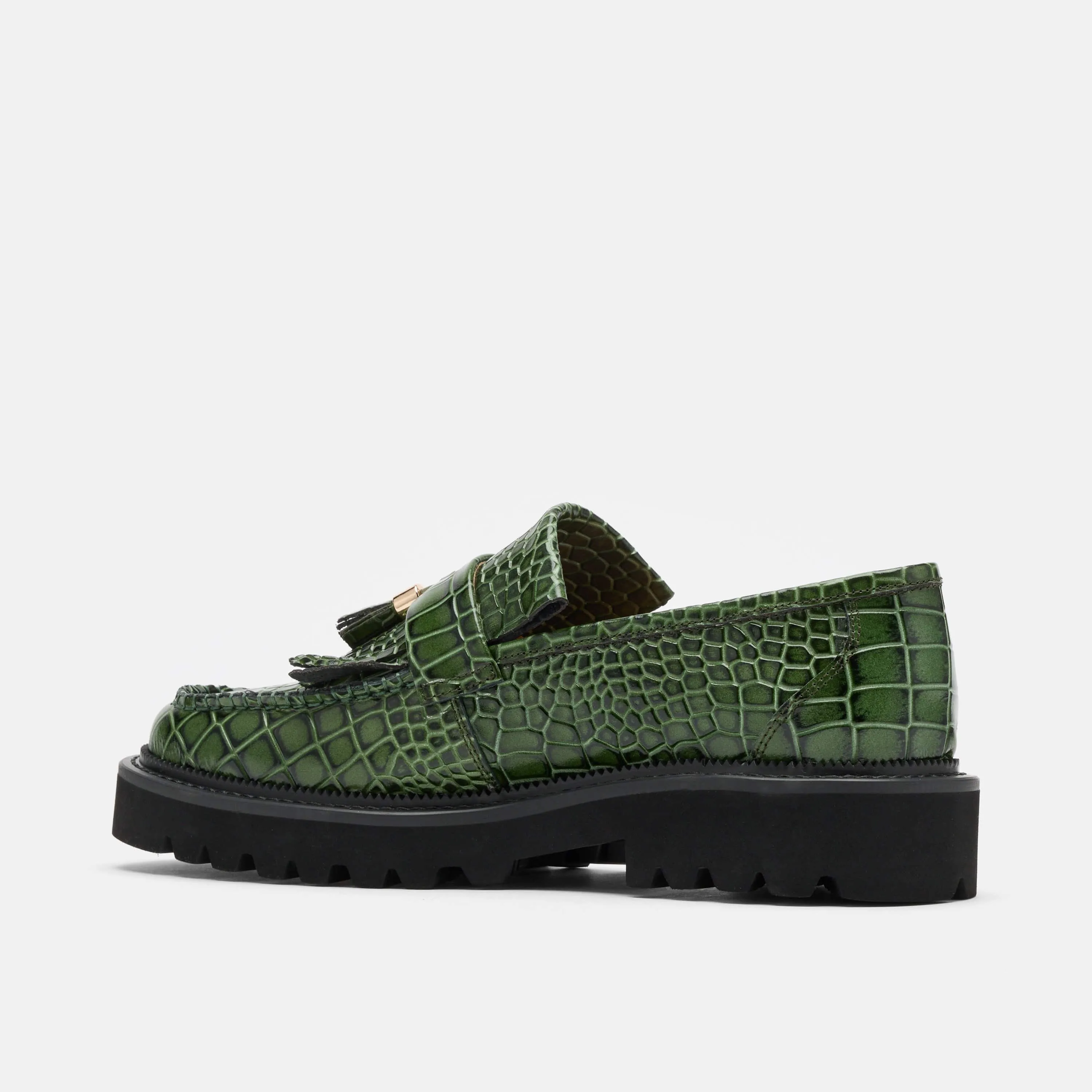 Mocassin à glands en cuir de crocodile vert Journey