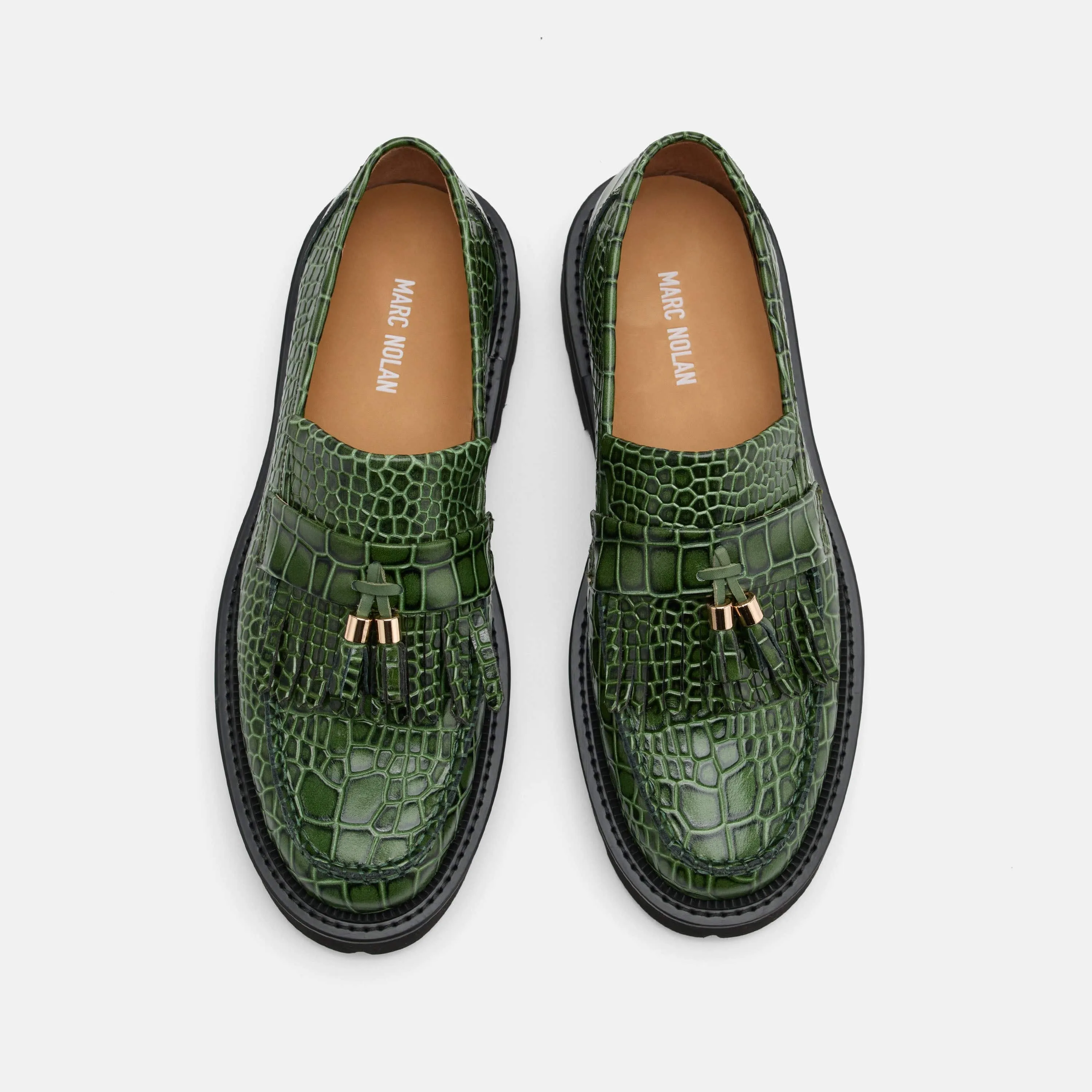 Mocassin à glands en cuir de crocodile vert Journey