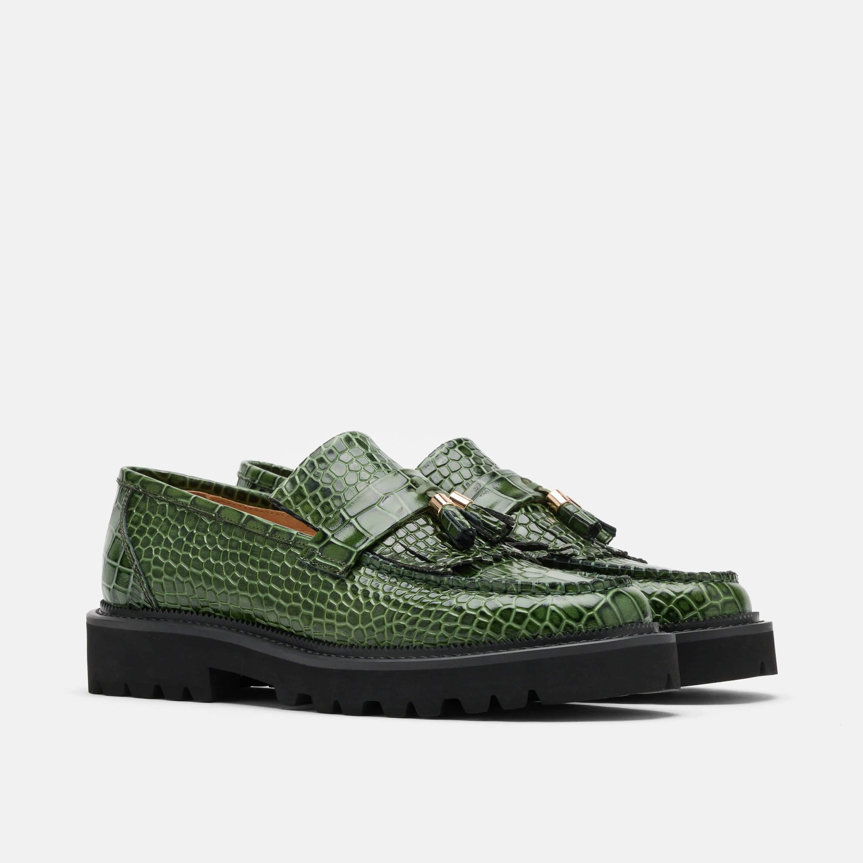 Mocassin à glands en cuir de crocodile vert Journey