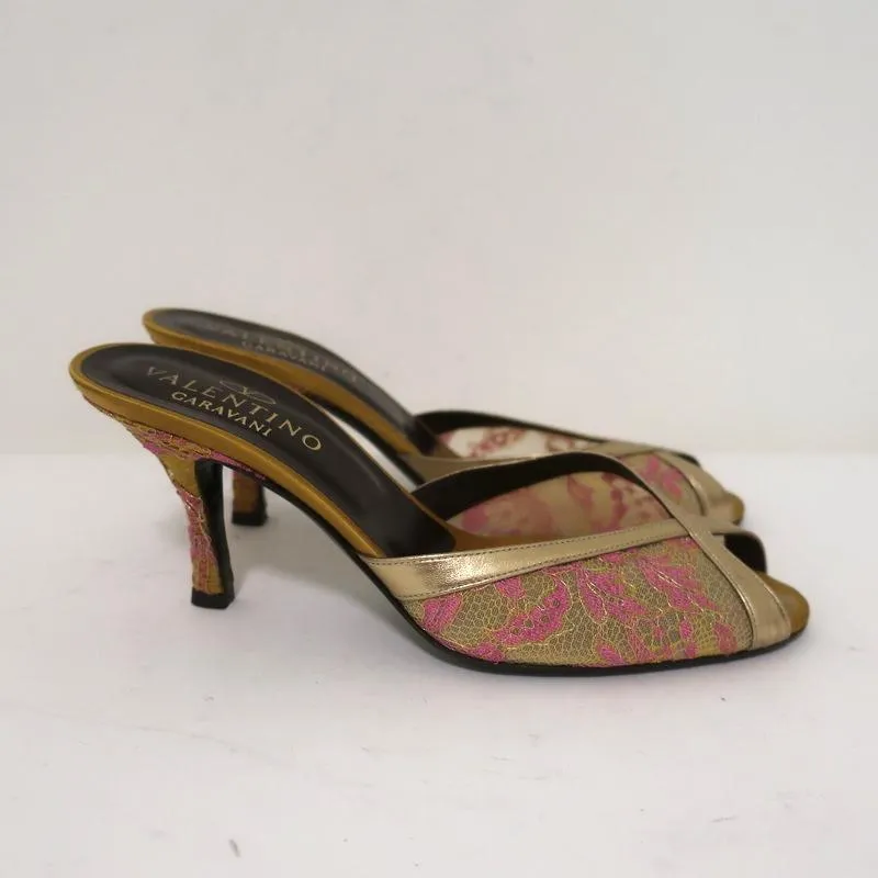 Valentino Mules à Bout Ouvert Or Métallisé avec Garniture en Cuir Dentelle Taille 38 Talons Glissés