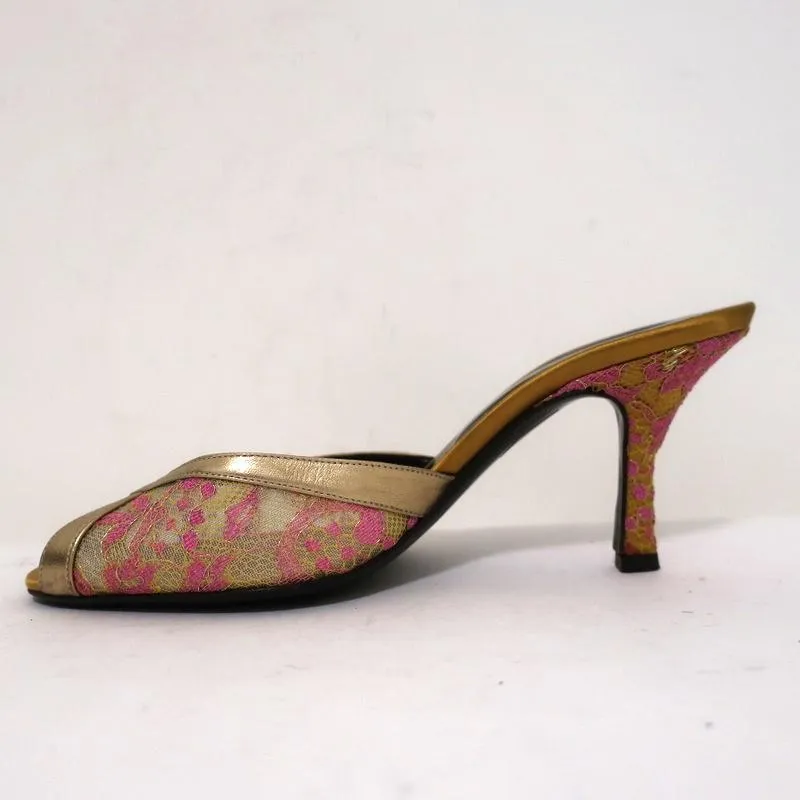 Valentino Mules à Bout Ouvert Or Métallisé avec Garniture en Cuir Dentelle Taille 38 Talons Glissés