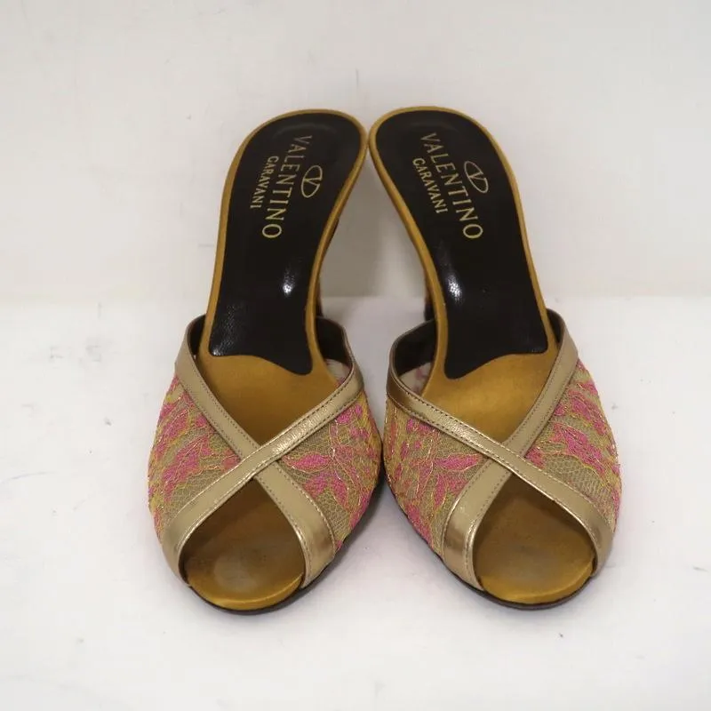 Valentino Mules à Bout Ouvert Or Métallisé avec Garniture en Cuir Dentelle Taille 38 Talons Glissés