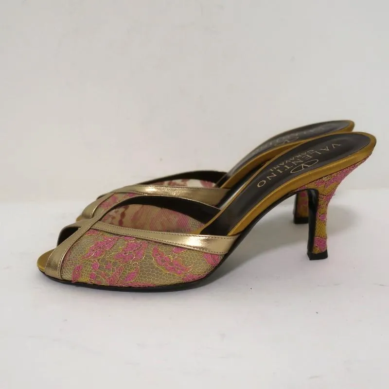 Valentino Mules à Bout Ouvert Or Métallisé avec Garniture en Cuir Dentelle Taille 38 Talons Glissés