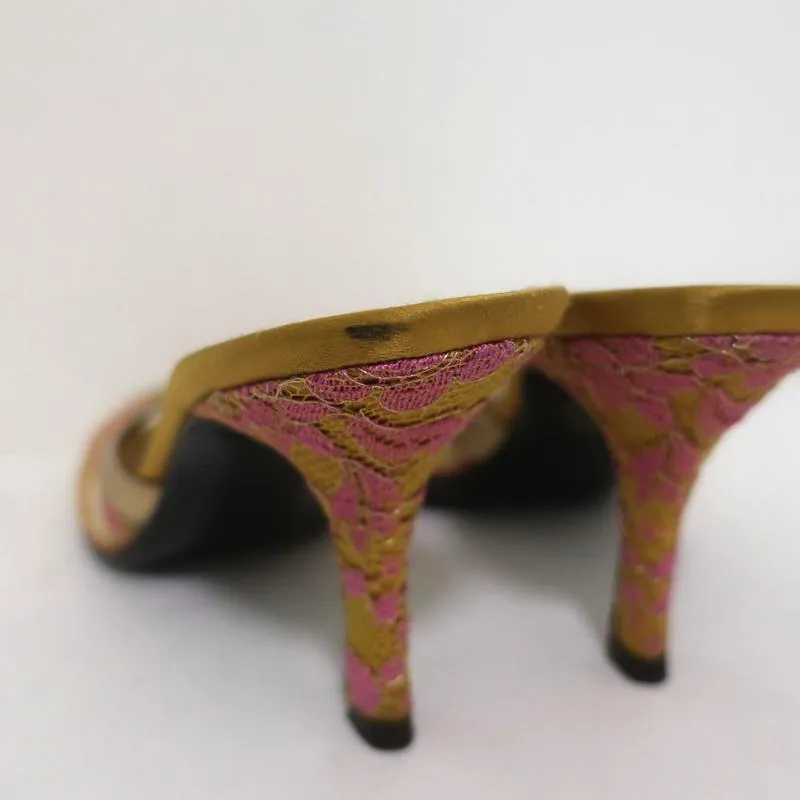 Valentino Mules à Bout Ouvert Or Métallisé avec Garniture en Cuir Dentelle Taille 38 Talons Glissés