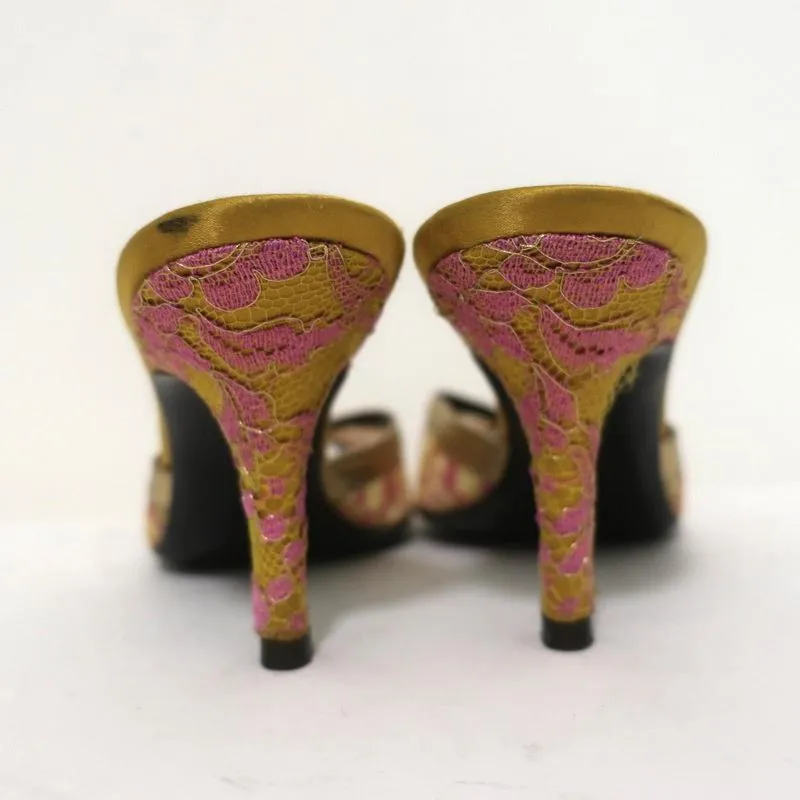 Valentino Mules à Bout Ouvert Or Métallisé avec Garniture en Cuir Dentelle Taille 38 Talons Glissés