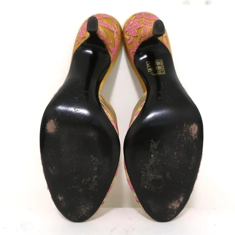 Valentino Mules à Bout Ouvert Or Métallisé avec Garniture en Cuir Dentelle Taille 38 Talons Glissés